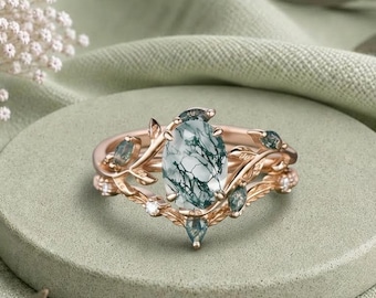 Anello di fidanzamento vintage in agata verde muschio taglio ovale, oro bianco, stile art déco, con foglia a grappolo, ispirato alla natura, set di fedi nuziali per anniversario da donna