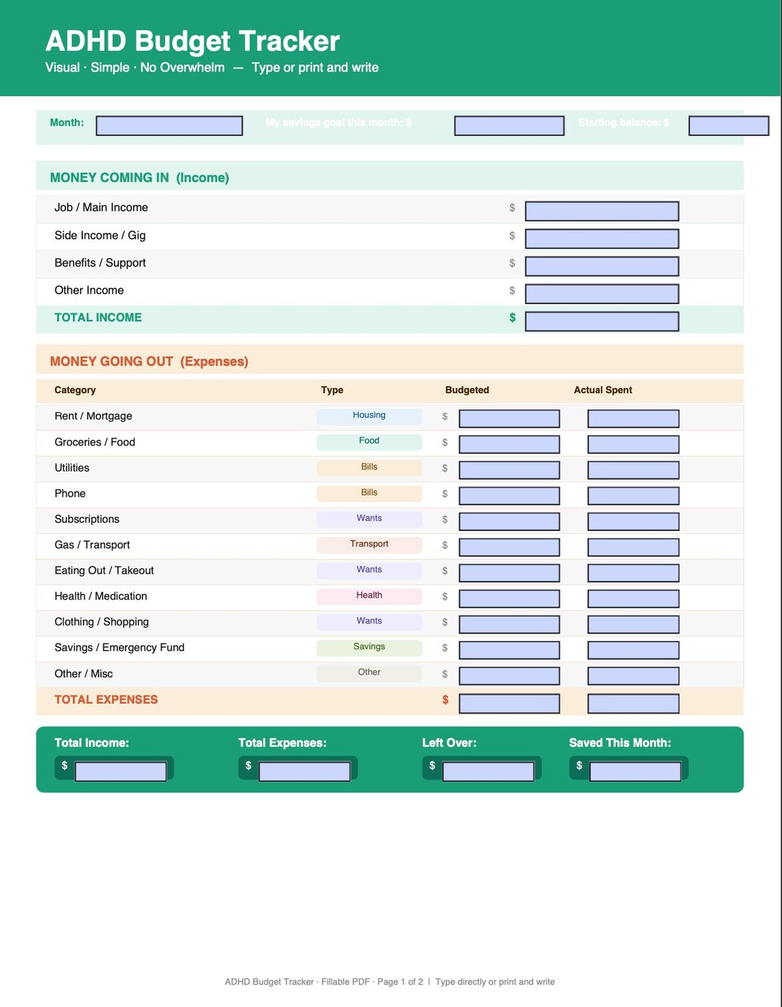 ADHD Budget Tracker Printable- Visual Monthly Budget Planner PDF ...