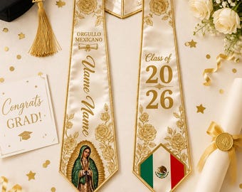 Personalized Mexican Graduation Stole, Class of 2026 Floral Sash, Custom Name Grad Gift, Printed Stole