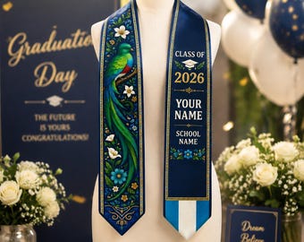 Personalized Guatemala Graduation Stole 2026, Blue Quetzal Grad Sash, Custom Senior Gift, Printed Stole