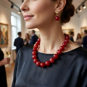 Red Bead Necklace and Earring Set, Bold Marble Beaded Choker, Vintage Statement Jewelry Set, Chunky Red Jewelry Gift for Her