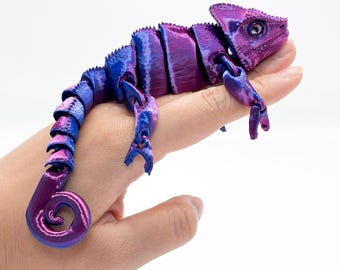 Articulated Chameleon Fidget Toy - 3D Printed Lizard Decor - Cute Flexible Reptile Desk Companion - Crystal Eye Sensory Gift Boy Girl Adult