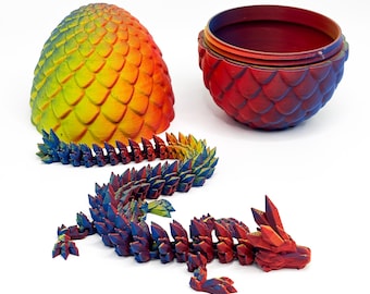 3D Printed Articulated Crystal Dragon with Egg - Flexible Gemstone Dragon Fidget Toy - Mystery Dragon Egg Decor - Fantasy Gift for Him