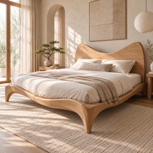 May include: A light-toned wooden bed frame featuring a curved, organic headboard and matching footboard. The bed is dressed with white linens, a long rectangular bolster pillow, and a textured beige throw blanket draped across the foot.
