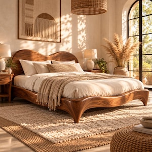 May include: A wooden bed frame with a curved headboard and footboard, featuring a light-colored mattress, white pillows, a textured beige throw blanket, and a matching bolster pillow, set in a room with a woven rug and natural lighting.