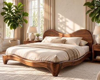 Organic Wooden Bed Frame, Sculptural Curved Headboard Platform Bed, Modern Natural Wood Bedroom Furniture, Queen King