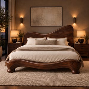 May include: A dark wood bed frame with a curved, asymmetrical headboard and a low, rounded base. The bed is dressed in a light beige duvet, a matching beige throw blanket, and several pillows, including a rectangular textured beige bolster.