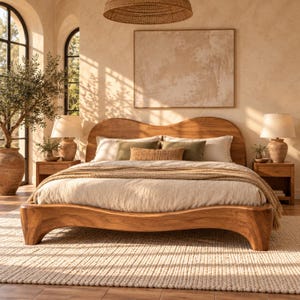 May include: A wooden bed frame with a curved headboard and footboard, featuring a light beige mattress, a textured tan throw blanket, and several pillows in shades of cream, olive green, and brown, positioned on a woven area rug.