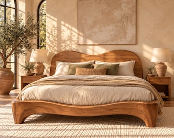 Sculptural Wooden Bed Frame, Curved Headboard Platform Bed, Organic Modern Mediterranean Bedroom Furniture, Queen King