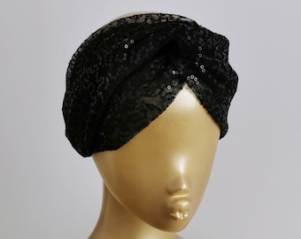 Sheer black sequin luxury turban twist knot headband