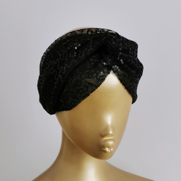 Bandeau à nœud de turban twist twist à paillettes noires pures