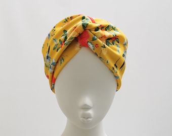 Amarillo brillante floral verano turbante ancho turbante nudo nudo diadema