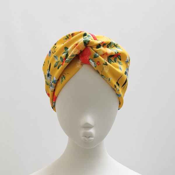 Bandeau jaune vif floral d’été large turban twist nœud