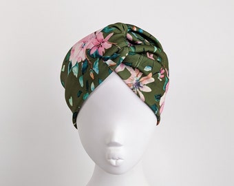 Green pink floral scuba fabric wide twist headband