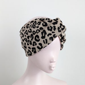 Beige zwarte luipaardprint, brede, gedraaide hoofdband van wolmix