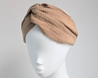 Beige Organic Cotton Twist Headband: Wide Boho Hippie Headwrap