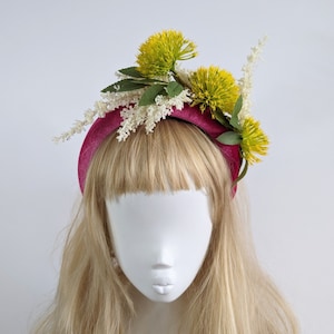 Hot pink padded velvet flower headband head piece bridal hair crown