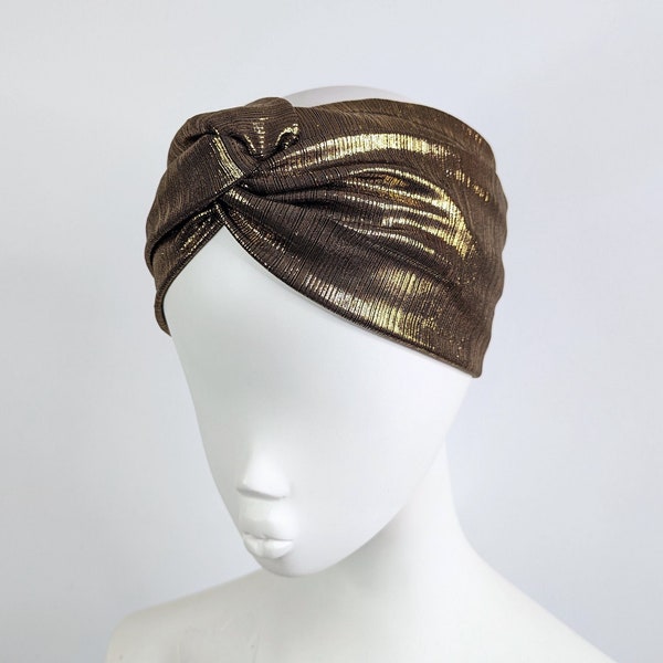 Metallic gold stripe wide stretch turban twist headband