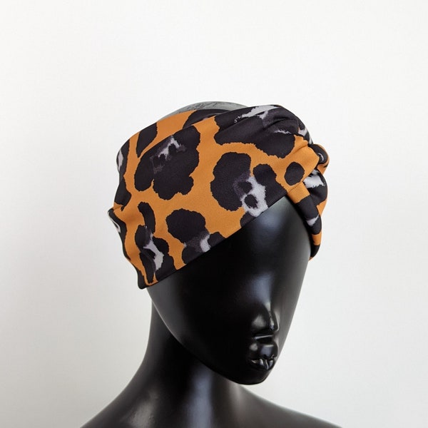 Mustard black large leopard print wide scuba twist headband