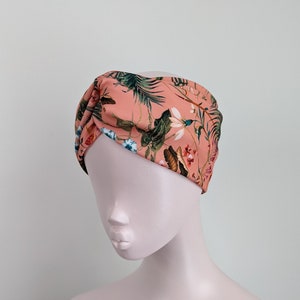 Coral pink peach tropical floral scuba fabric wide twist headband