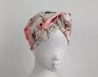 Ivory pink grey floral scuba fabric wide twist headband