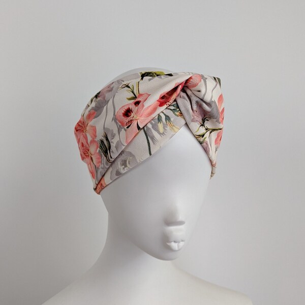 Ivory pink grey floral scuba fabric wide twist headband