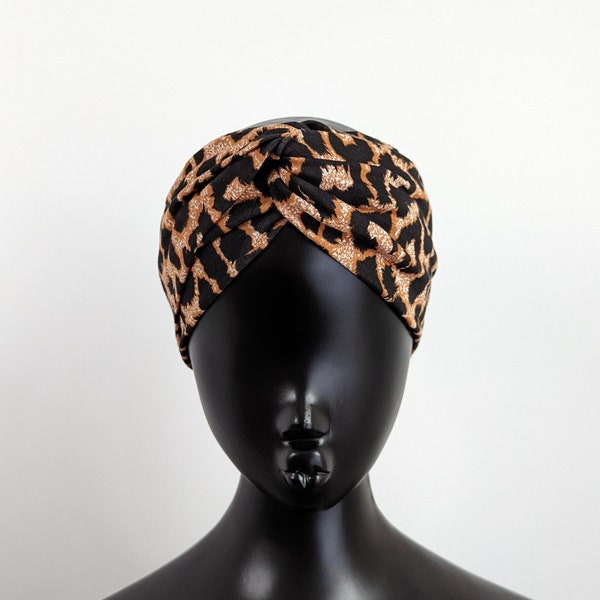 Diadema ancha de punto de algodón con estampado de leopardo marrón negro