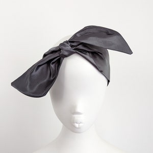 Dark charcoal grey luxury satin self tie hair bow head scarf headband