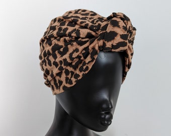 Brown black leopard print statement top knot turban hat head cover. Boho bohemian vintage pin up style headwear.