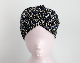 Floral Twist Headband: Black Ditsy Cottagecore Print, Stretch Crepe Turban Headwrap