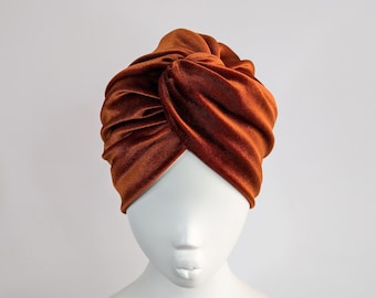 Rust Velvet Turban Hat – Cozy Fall Head Covering - Winter Wedding Headwrap - Vintage Hair Loss Hat - Orange Boho Chemo Beanie - Alopecia Hat