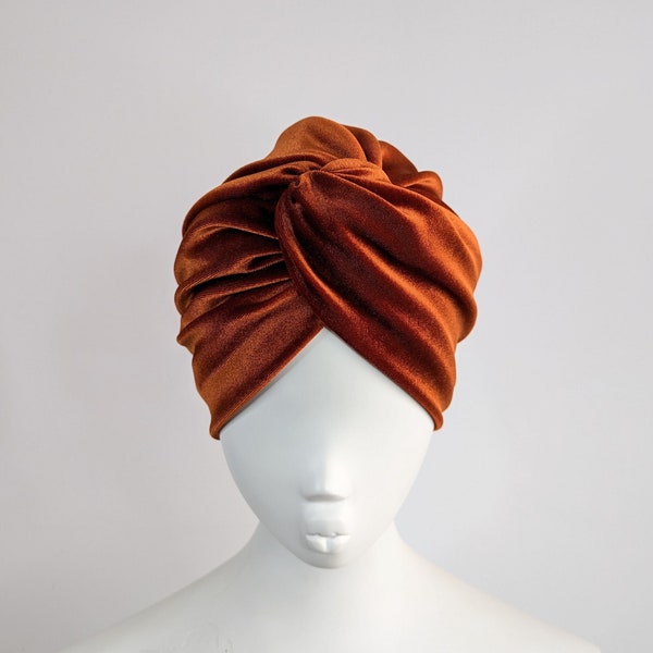 Ready to wear turban rust velvet hat burnt orange velvet twist front turban hat adult turban vintage pin up gift for women hair cover