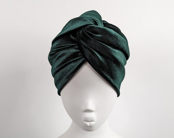 Green Velvet Twist Front Turban Hat - Retro Vintage Full Turban for Women - Soft Chemo Headwear - Alopecia Head Cover - Elegant Gift for Her