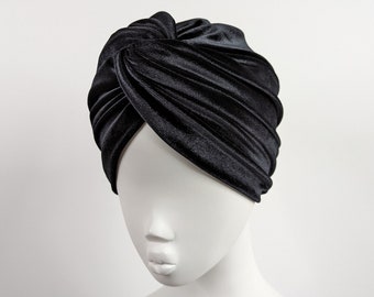 Black luxury velvet twist front turban hat