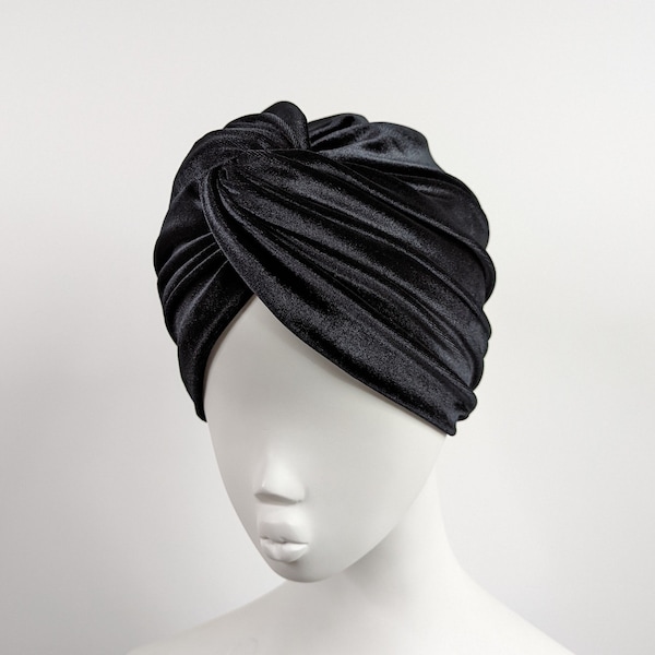 Black luxury velvet twist front turban hat