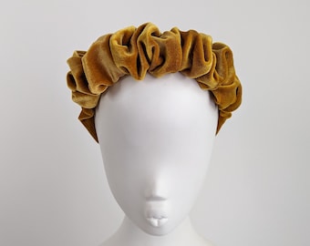 Mustard Velvet Scrunchie Headband: Ruffle Fascinator Hair Band