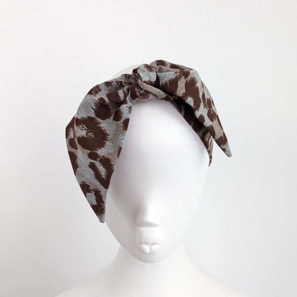 Head scarf grey brown leopard print hair accessory for women pin up head wrap headband self tie bow headband vintage hair bow gift for her