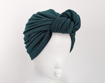 Turbante verde con nudo superior: gorro de jersey de algodón estilo pin-up retro