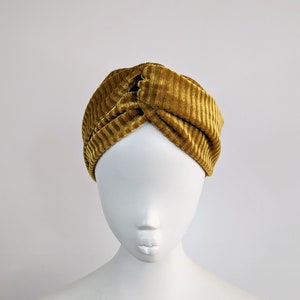Mustard yellow pin stripe rib texture luxury wide velvet turban twist headband