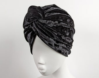 Black luxury crushed velvet twist front turban hat