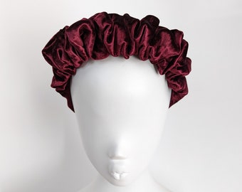 Burgundy luxury crushed velvet ruffle scrunchie statement headband