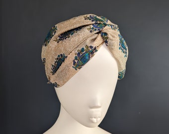 Blue white paisley print vintage sari silk wide turban twist headband