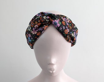 Black lilac orange floral wide satin turban twist headband custom made to order