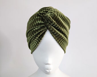 Olive green luxury ribbed velvet twist front turban hat