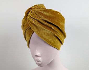 Mustard yellow luxury velvet twist front turban hat