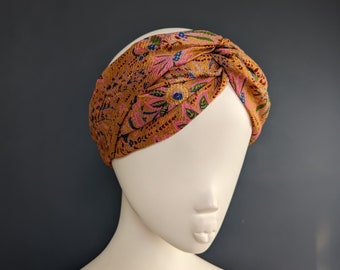 Mustard luxury vintage sari silk floral wide turban twist headband