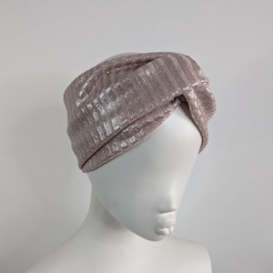 Pale pink silver rib knit metallic wide turban twist headband