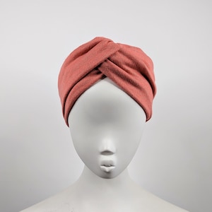 Bright peach pink wide warm cozy wool knit turban twist front ear warmer headband