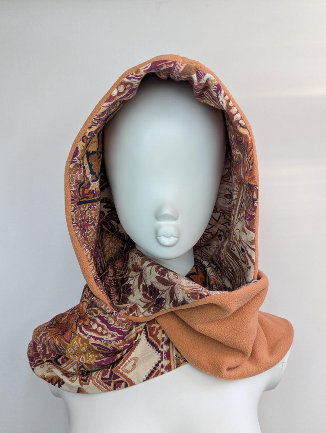 Peach Hooded Scarf: Boho Pixie Hood in Fleece & Aztec Floral Jersey ...