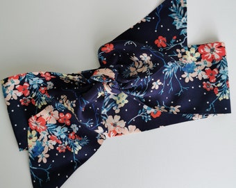 Cute blue floral polka dot self tie bow headband head scarf